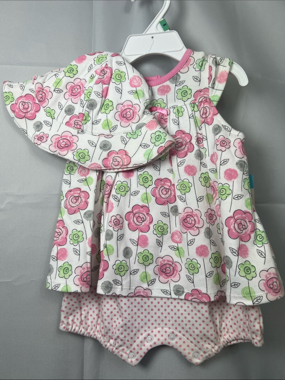 Offspring Pink & Green Floral Baby Dress with Hat NWT